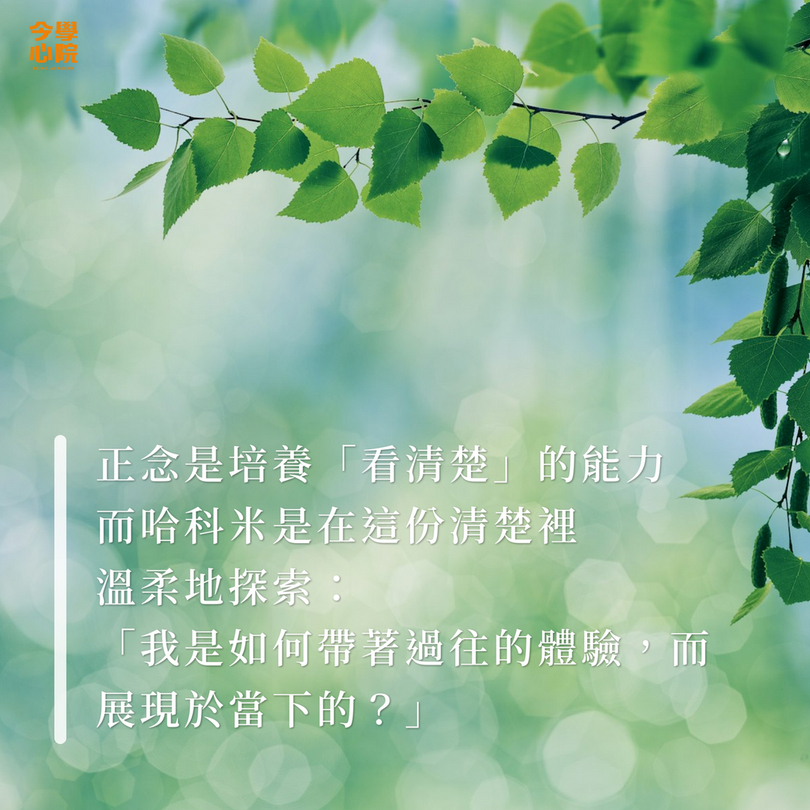 正念是培養「看清楚」的能力，而哈科米是在這份清楚裡，溫柔地探索：「我是如何帶著過往的體驗，而展現於當下的？」